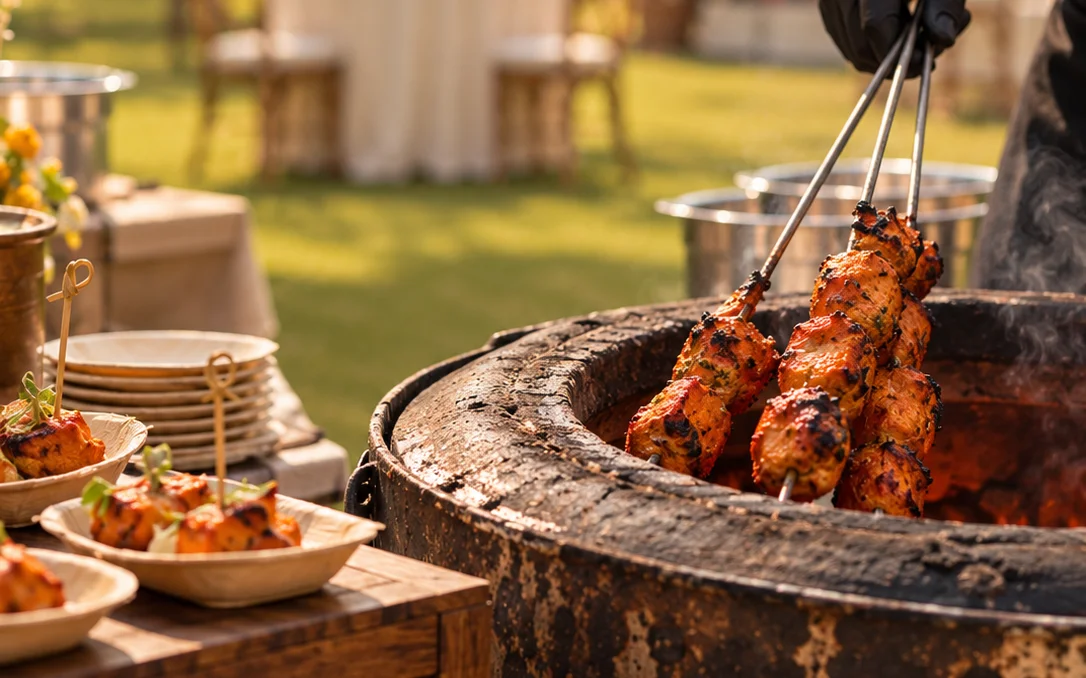 Chef pulling tikka skewers from a live tandoor