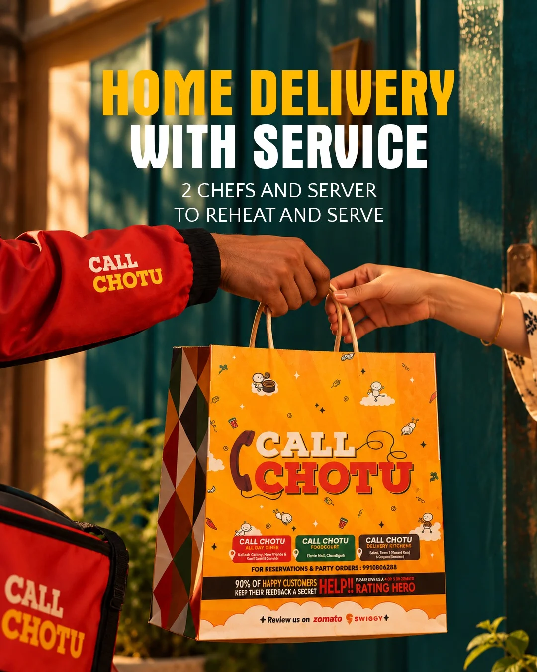 Home delivery with service: 2 chefs and a server to reheat and serve