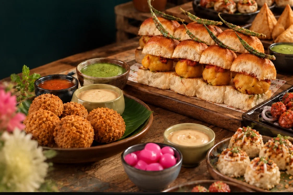A Call Chotu grazing table of momos, chaat, pakoras and kebabs