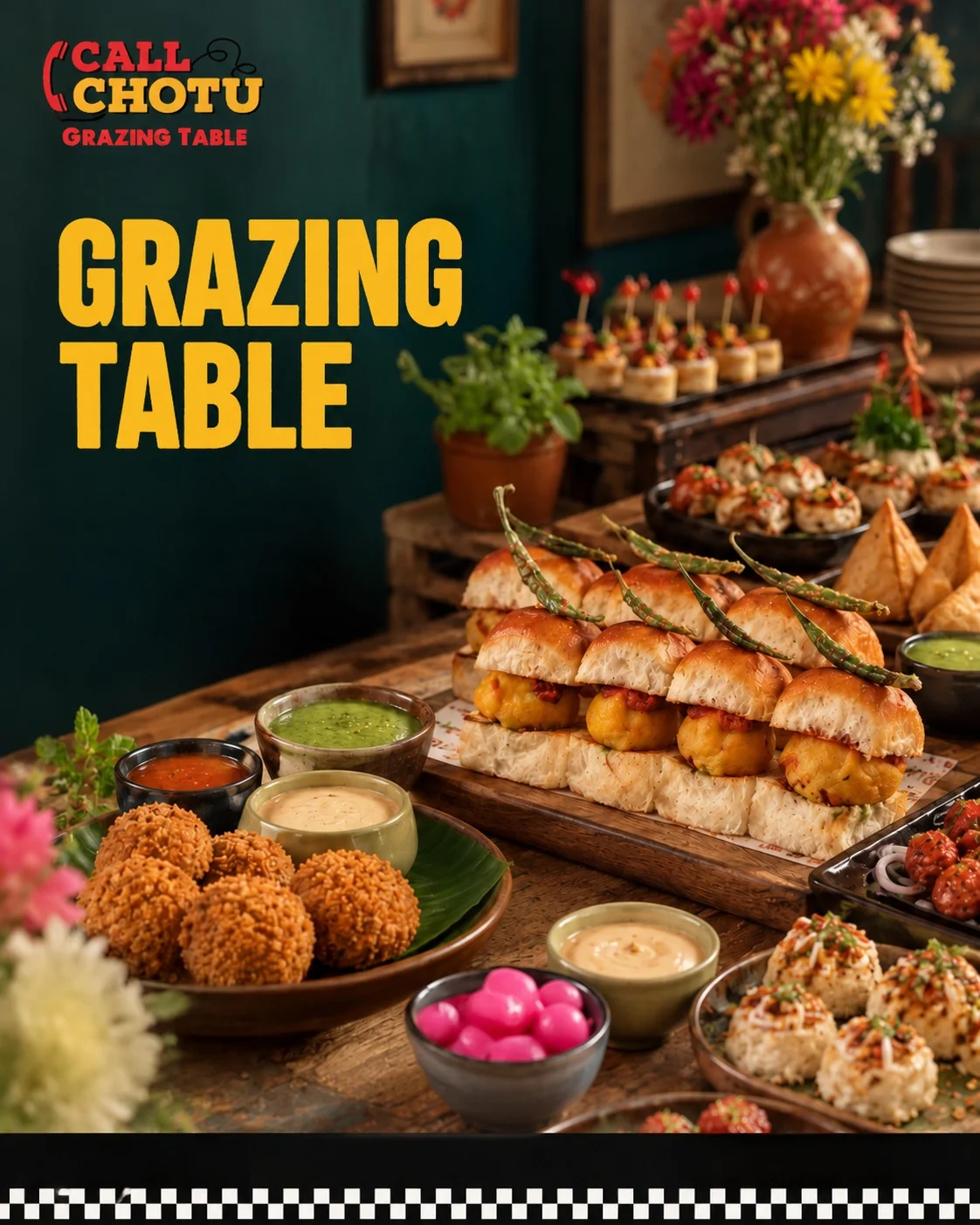 Call Chotu grazing table with mini vada pav, samosas and dips