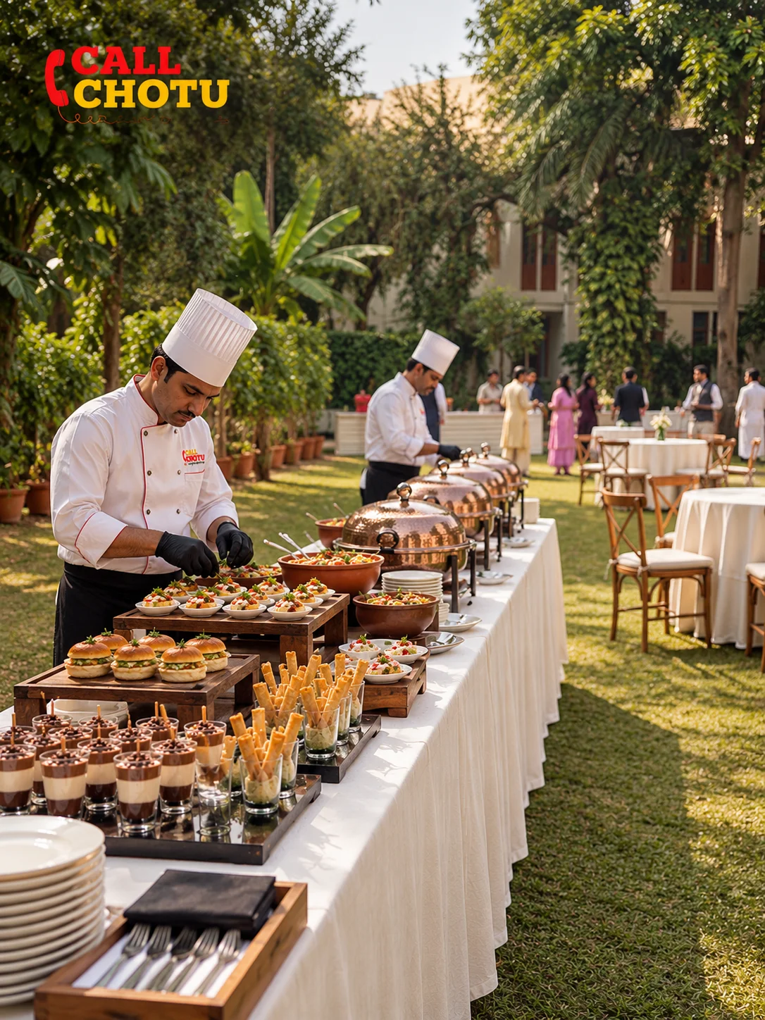 Call Chotu chefs setting up a high tea buffet on a lawn